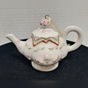 Source Unknown White and Pink Floral Teapot Ornament
